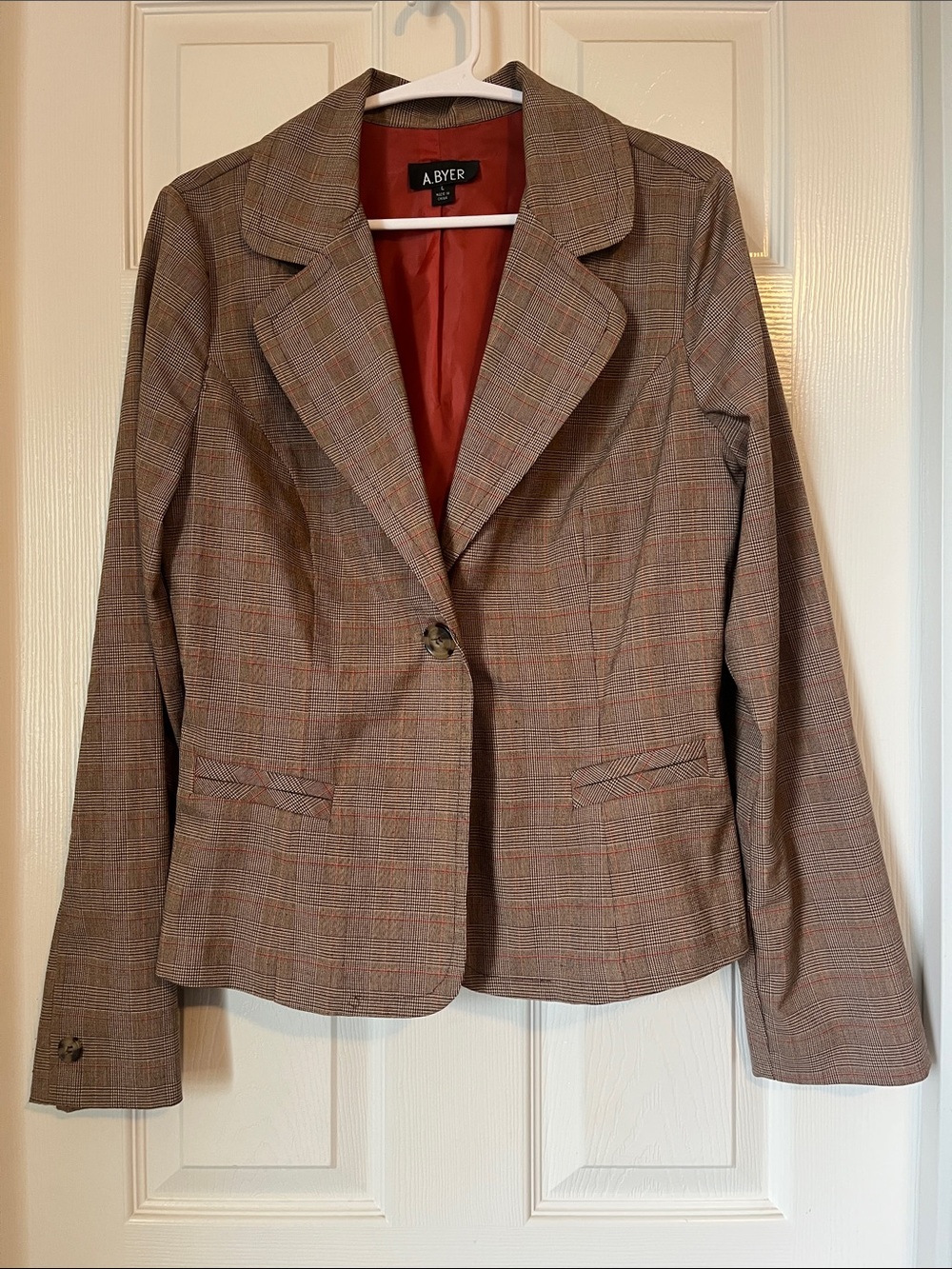 A. Byer Brown Plaid Blazer with Red Lining